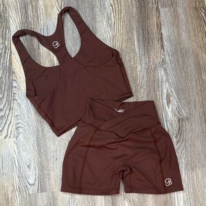 Bombshell Sportswear Tank Sports Bra & Tiny Waist Shorts Set M Brown
